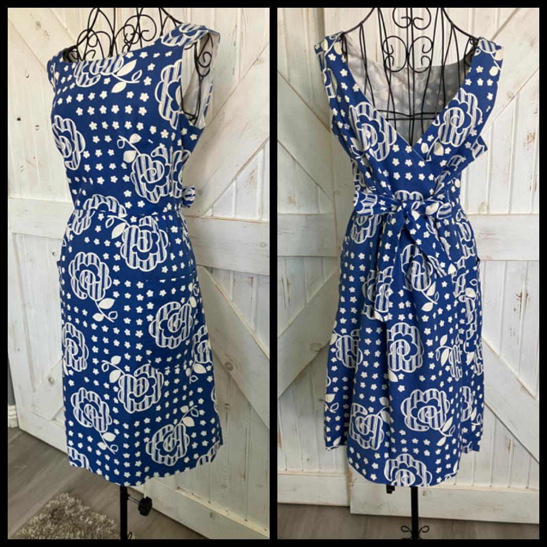 70's Vintage Malia Honolulu Blue White Mod Gogo Flower Dot Wrap Midi Sundress Dress