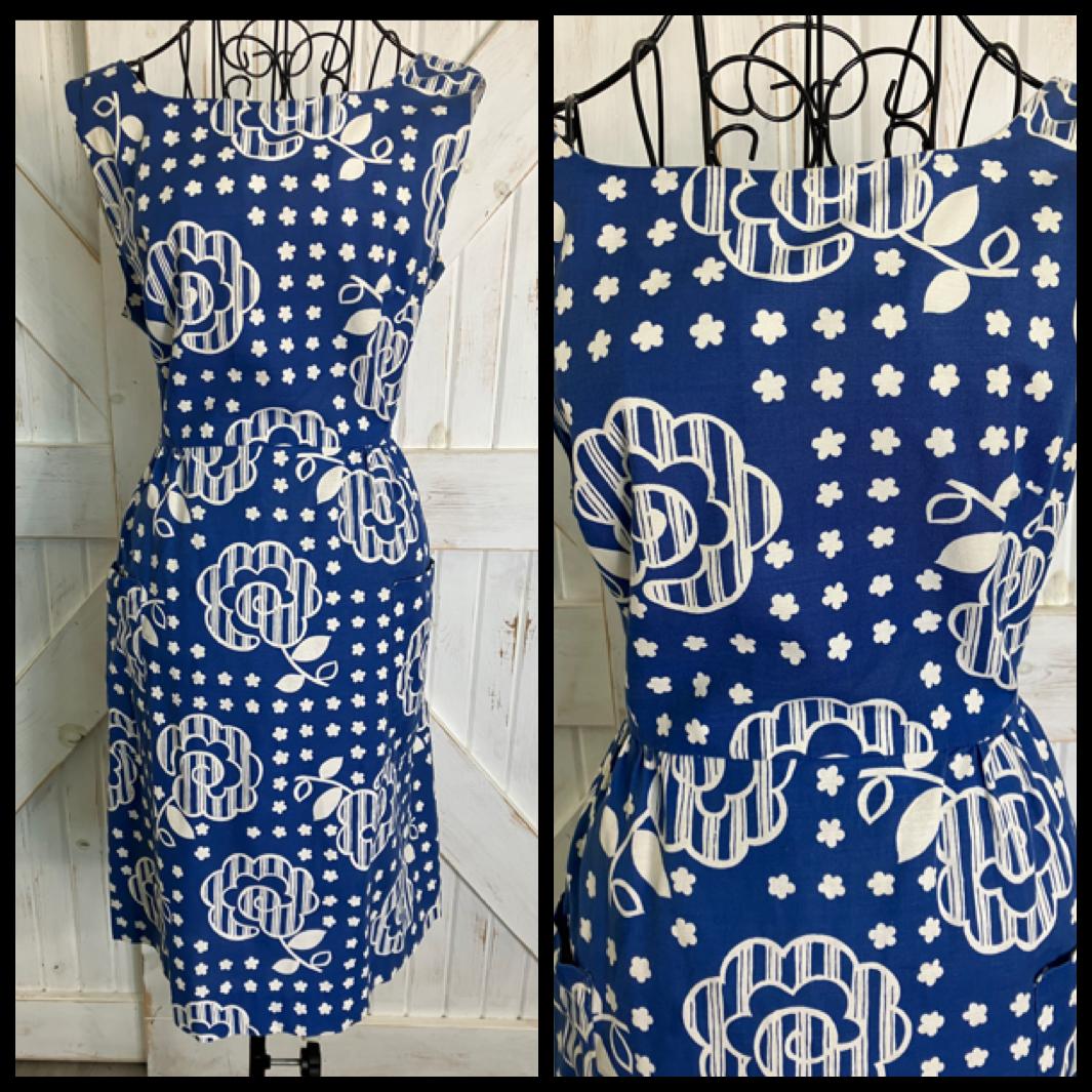 70's Vintage Malia Honolulu Blue White Mod Gogo Flower Dot Wrap Midi Sundress Dress
