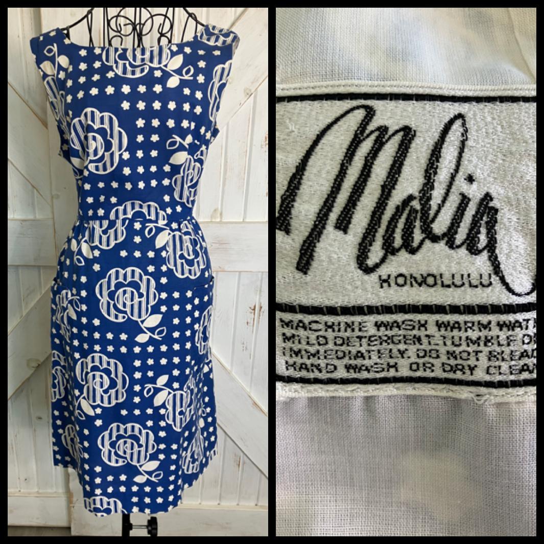 70's Vintage Malia Honolulu Blue White Mod Gogo Flower Dot Wrap Midi Sundress Dress