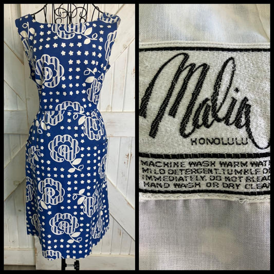 70's Vintage Malia Honolulu Blue White Mod Gogo Flower Dot Wrap Midi Sundress Dress