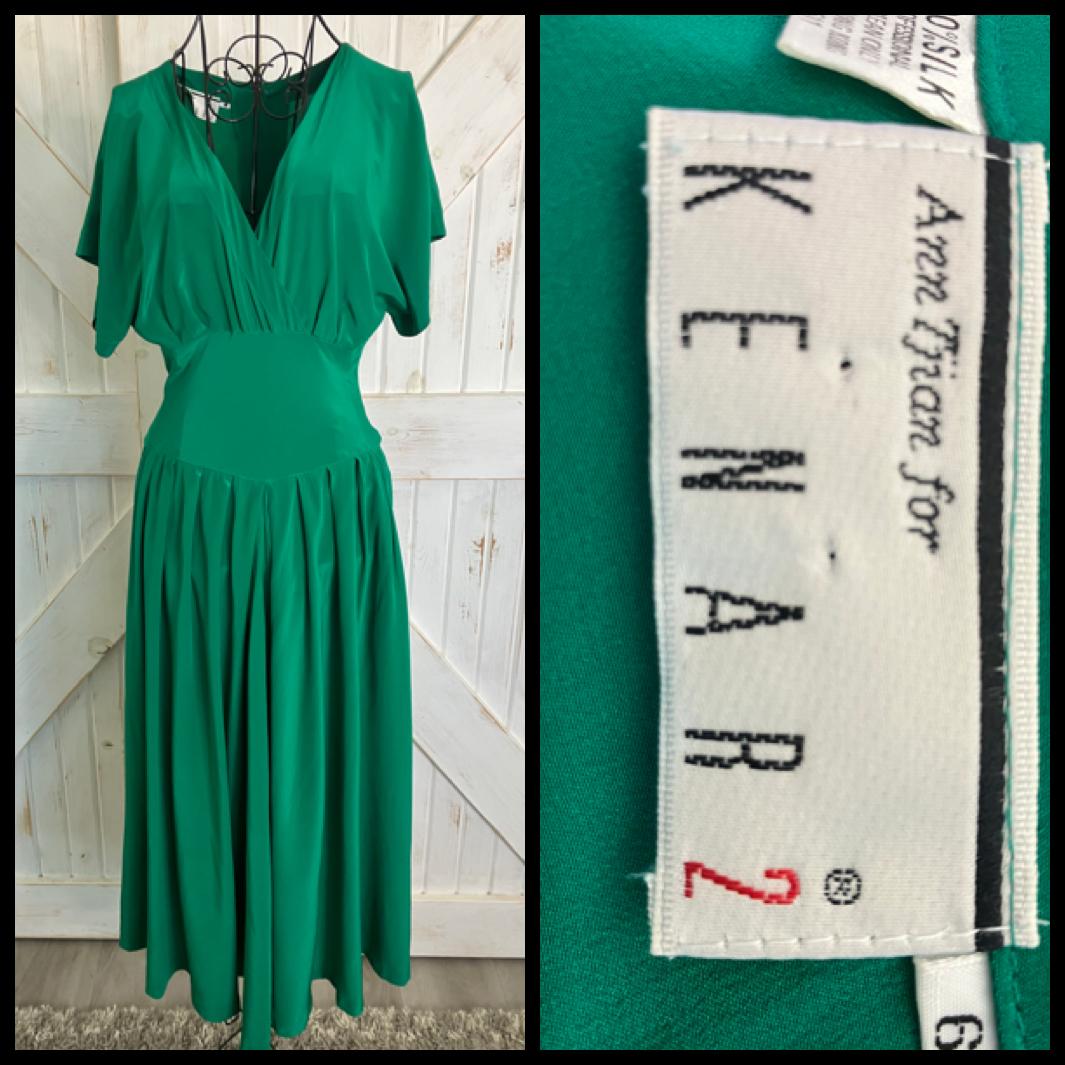 80's Vintage Ann Tjian Kenar Green Silk Swing Day Midi Dress