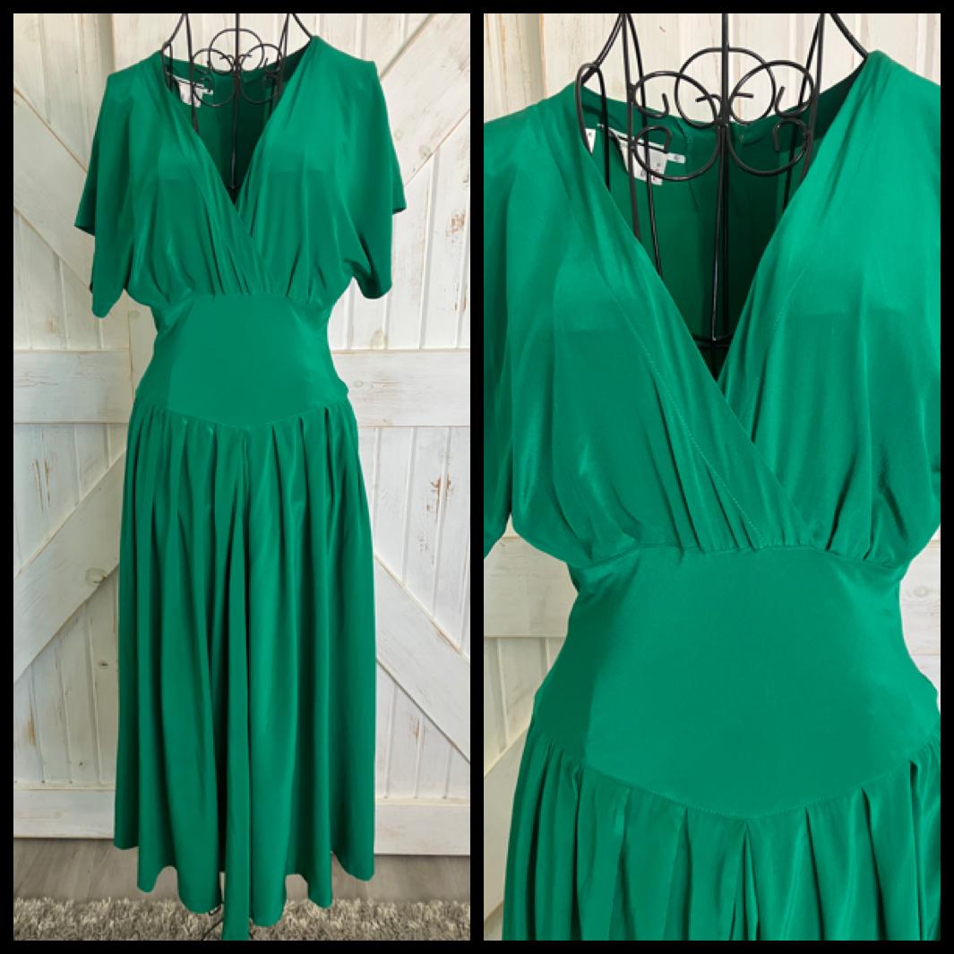 80's Vintage Ann Tjian Kenar Green Silk Swing Day Midi Dress