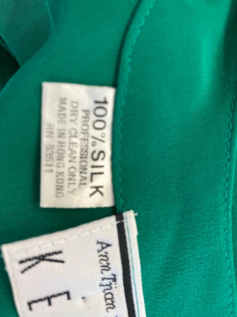 80's Vintage Ann Tjian Kenar Green Silk Swing Day Midi Dress