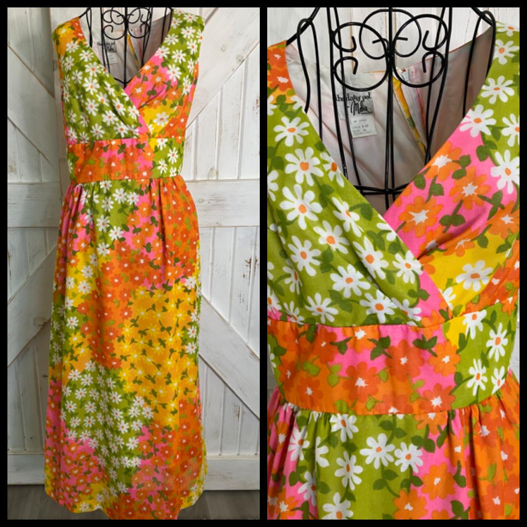 70's Vintage Daisy Pot Malia Honolulu Hawaiian Floral Green Pink Orange Yellow Midi Sundress Dress