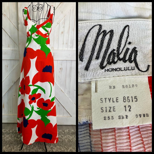 70's Vintage Malia Honolulu Red White Blue Green Hawaiian Hostess Maxi Sundress Dress