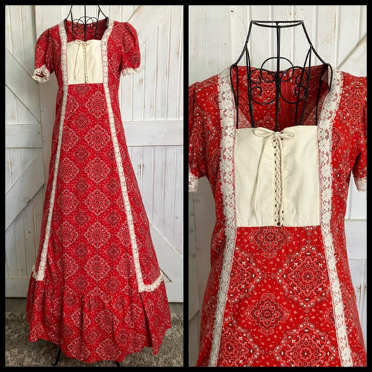 70's Vintage Gunne Sax STYLE Red White Black Bandana Print Prairie Corset Maxi Western Dress