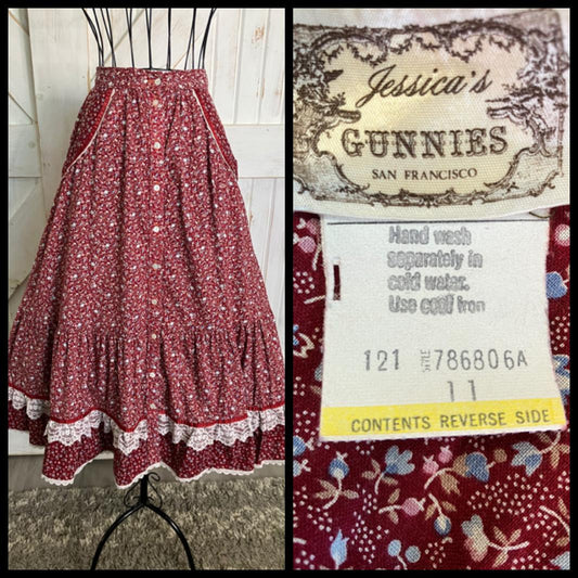 70's Vintage Gunne Sax Jessica's Gunnies Red White Blue Calico Prairie Midi Skirt 11