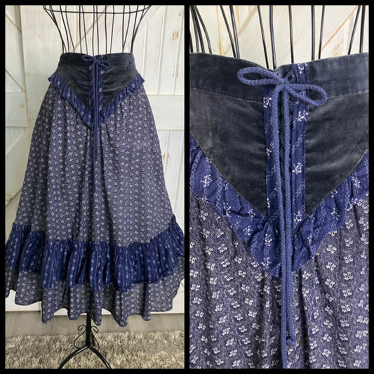 70's Vintage Gunne Sax Jessica's Gunnies Blue Velvet Corset Waist White Calico Prairie Midi Skirt
