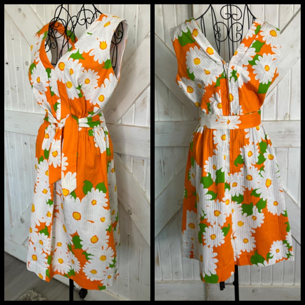 70's Vintage Malia Honolulu Hawaiian Orange White Green Daisy Mini Midi Sundress Dress w/ Original Belt