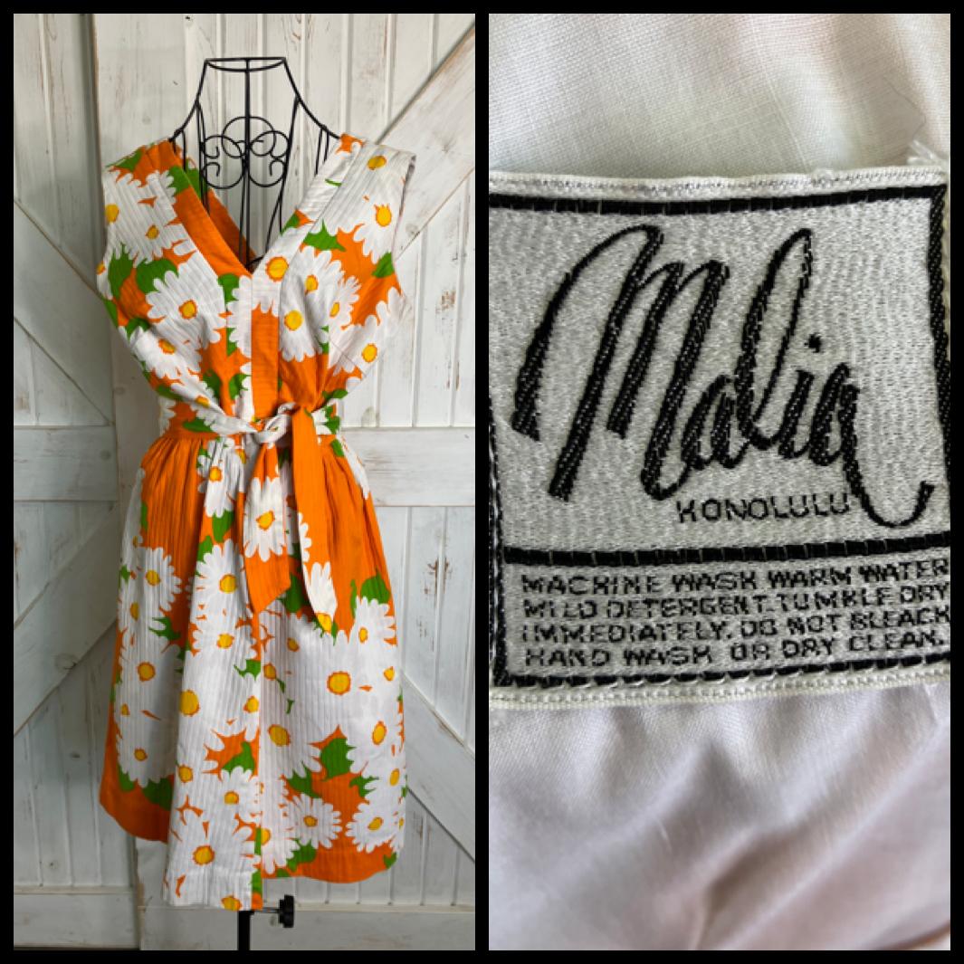 70's Vintage Malia Honolulu Hawaiian Orange White Green Daisy Mini Midi Sundress Dress w/ Original Belt