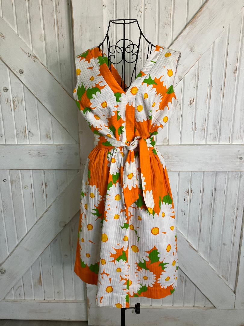 70's Vintage Malia Honolulu Hawaiian Orange White Green Daisy Mini Midi Sundress Dress w/ Original Belt