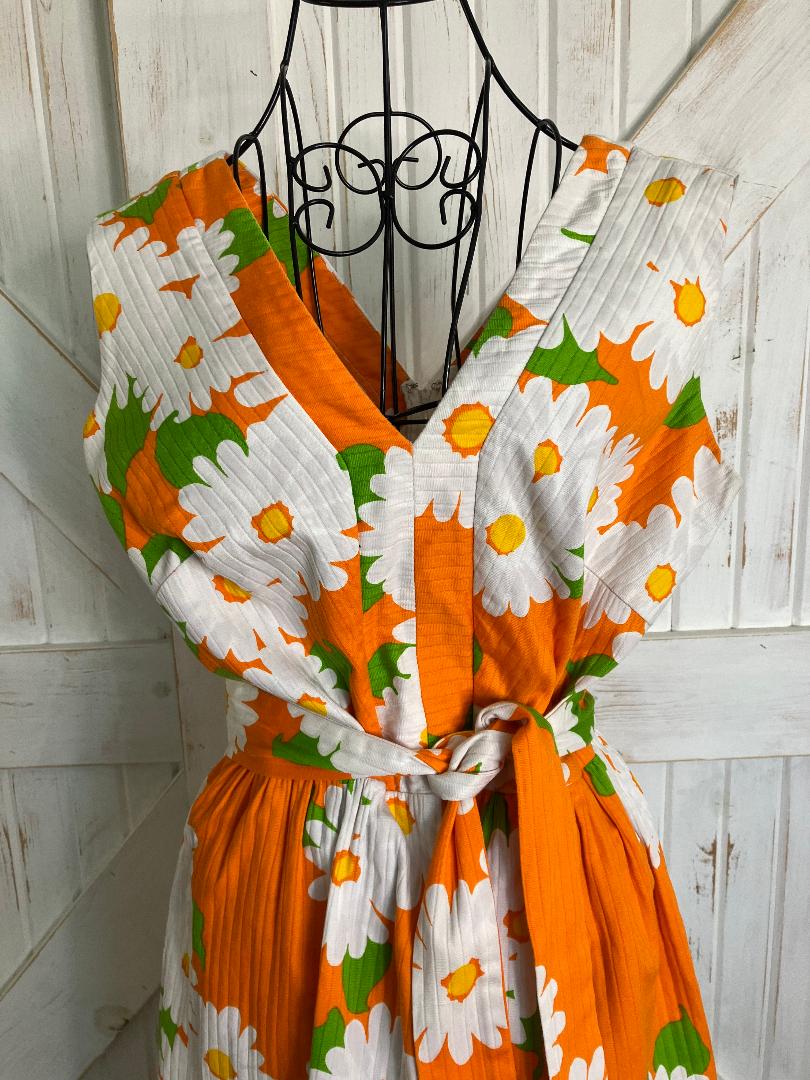 70's Vintage Malia Honolulu Hawaiian Orange White Green Daisy Mini Midi Sundress Dress w/ Original Belt