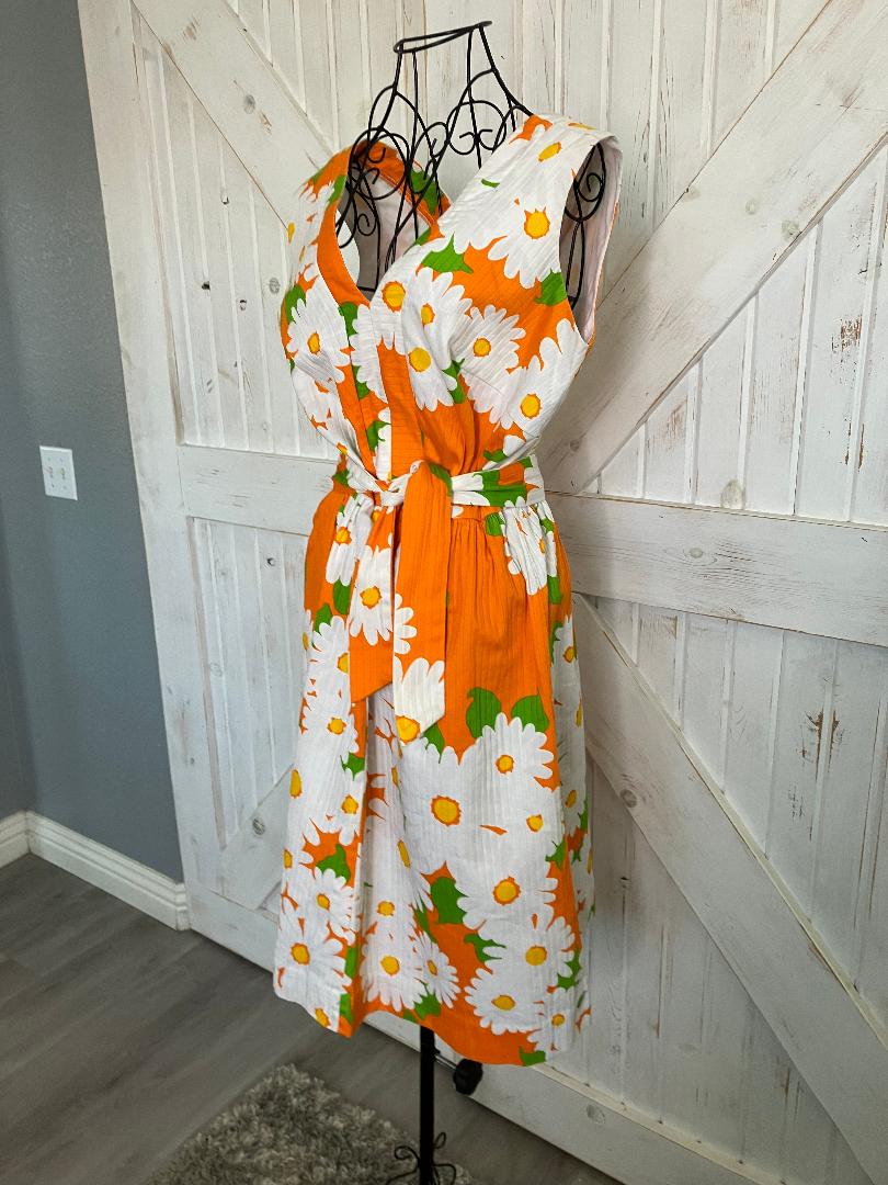 70's Vintage Malia Honolulu Hawaiian Orange White Green Daisy Mini Midi Sundress Dress w/ Original Belt