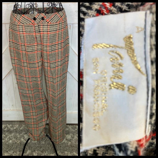 60's Vintage Tami San Francisco ILGWU Black Brown Gray Orange Houndstooth Plaid Wool Trouser Pants
