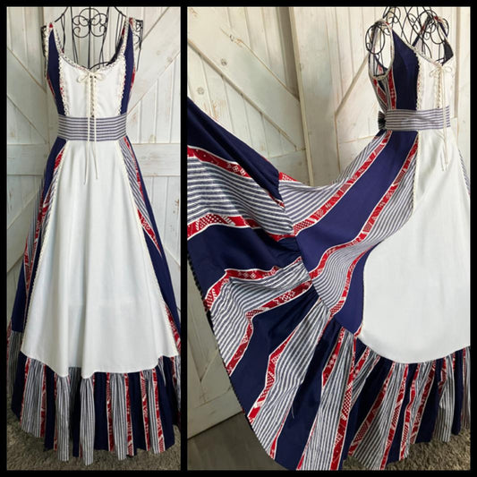 70's Vintage Gunne Sax Red White Blue Stripe Prairie Corset Western Maxi Sundress 9