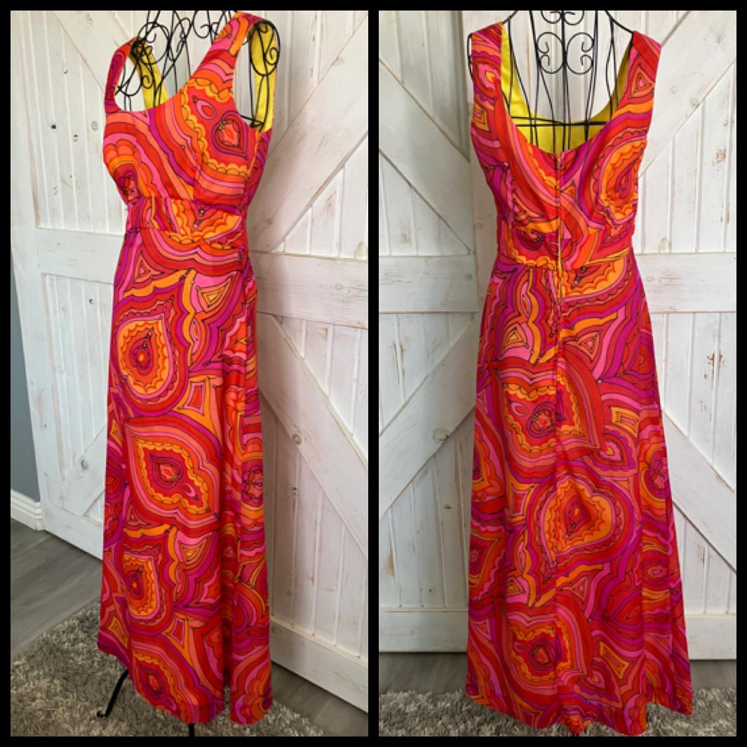 70's Vintage Malia Honolulu Red Orange Swirl Psychedelic Hawaiian Hostess Maxi Sundress Dress