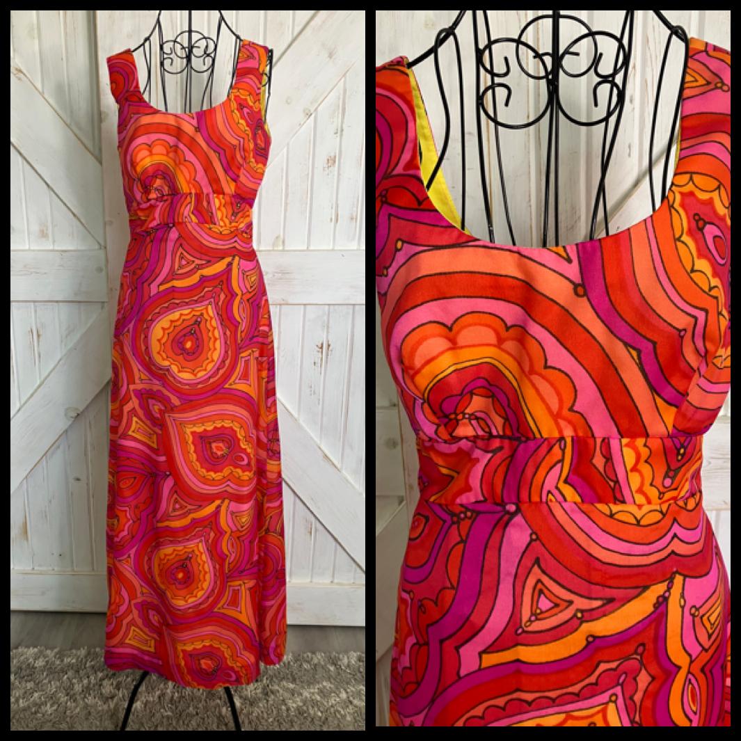 70's Vintage Malia Honolulu Red Orange Swirl Psychedelic Hawaiian Hostess Maxi Sundress Dress