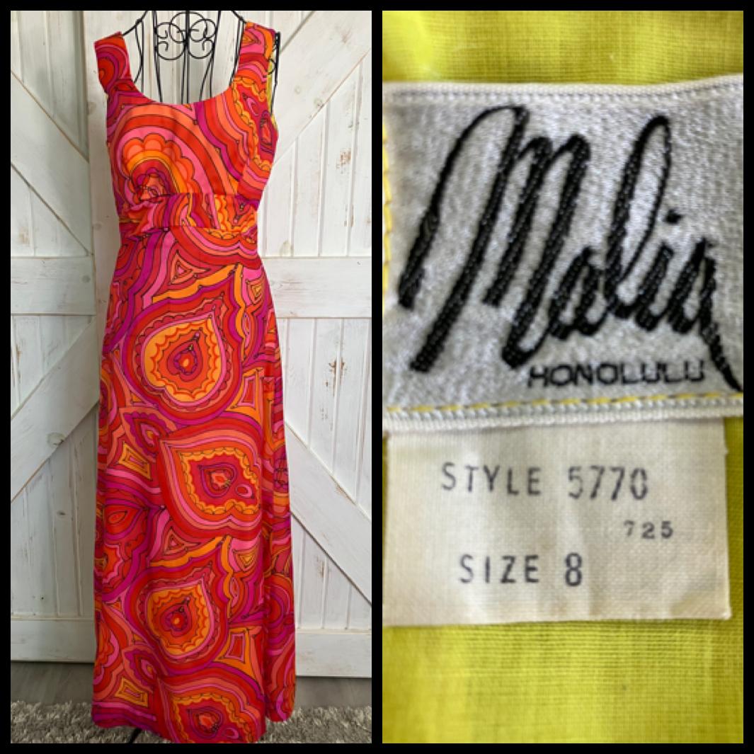 70's Vintage Malia Honolulu Red Orange Swirl Psychedelic Hawaiian Hostess Maxi Sundress Dress