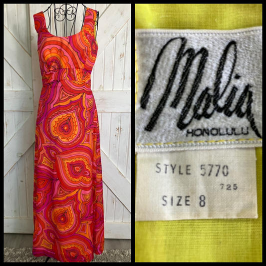 70's Vintage Malia Honolulu Red Orange Swirl Psychedelic Hawaiian Hostess Maxi Sundress Dress