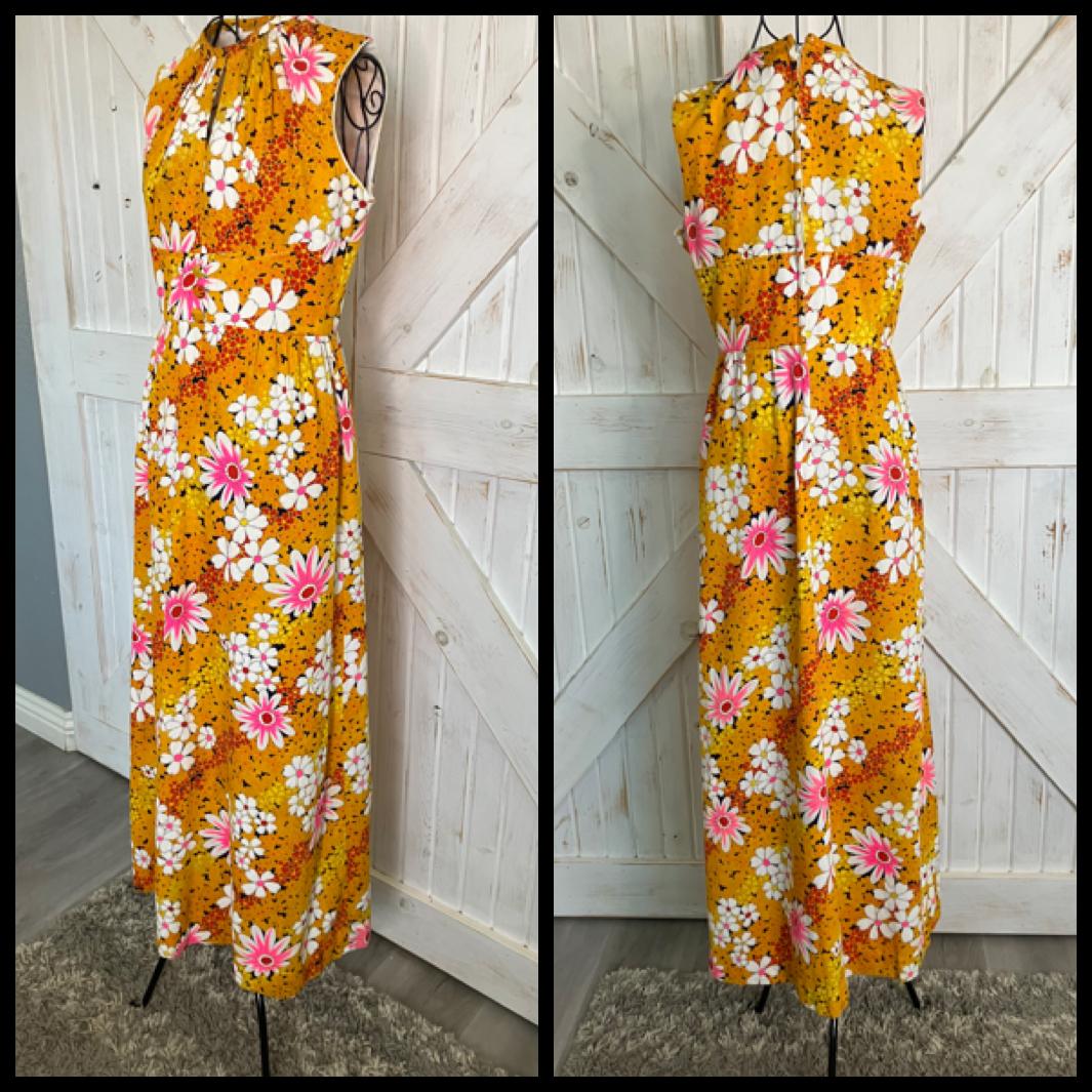 70's Vintage Lee Stevens Miami Orange White Daisy Blossom Hawaiian Hostess Maxi Dress