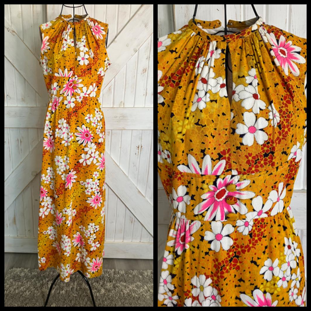 70's Vintage Lee Stevens Miami Orange White Daisy Blossom Hawaiian Hostess Maxi Dress