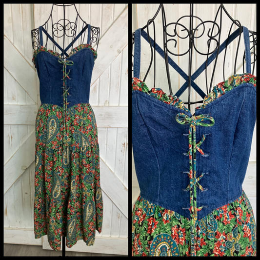 70's Vintage Oops California Denim Blue Jean Corset Green Red Teal Paisley Calico Prairie Boho Midi Dress