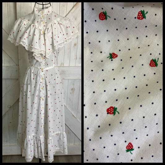 70's Vintage Eber San Francisco White Black Polka Dot Red Strawberry Prairie Midi Dress