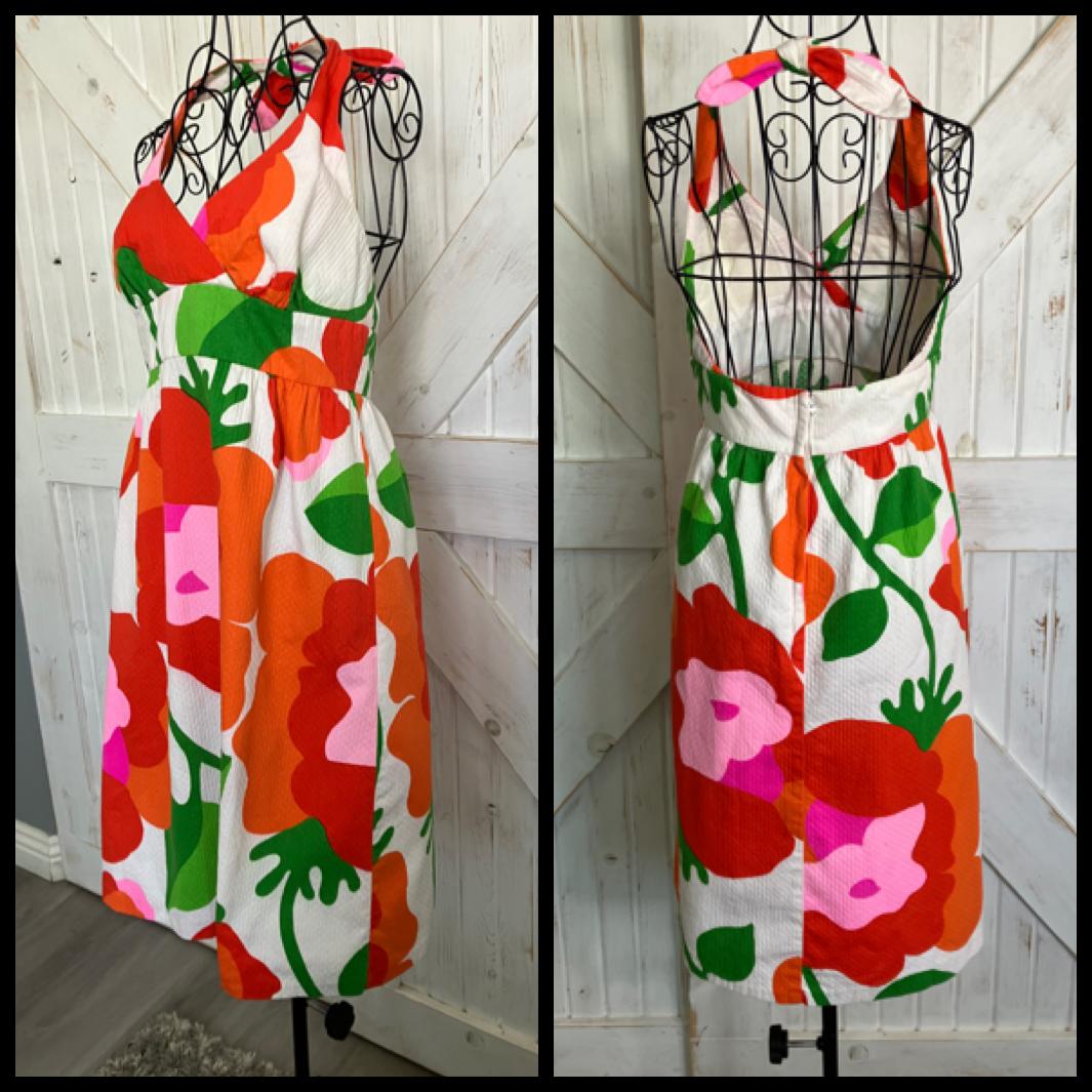 70's Vintage Malia Honolulu Red Pink Green Hawaiian Halter Mini Sundress Dress