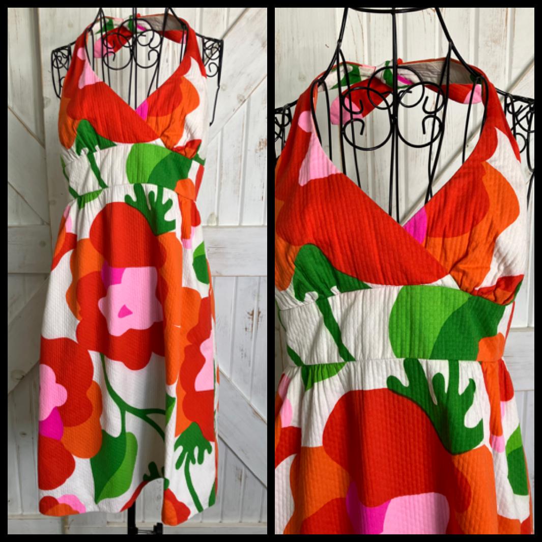 70's Vintage Malia Honolulu Red Pink Green Hawaiian Halter Mini Sundress Dress