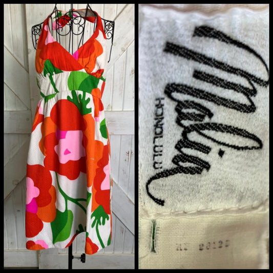 70's Vintage Malia Honolulu Red Pink Green Hawaiian Halter Mini Sundress Dress