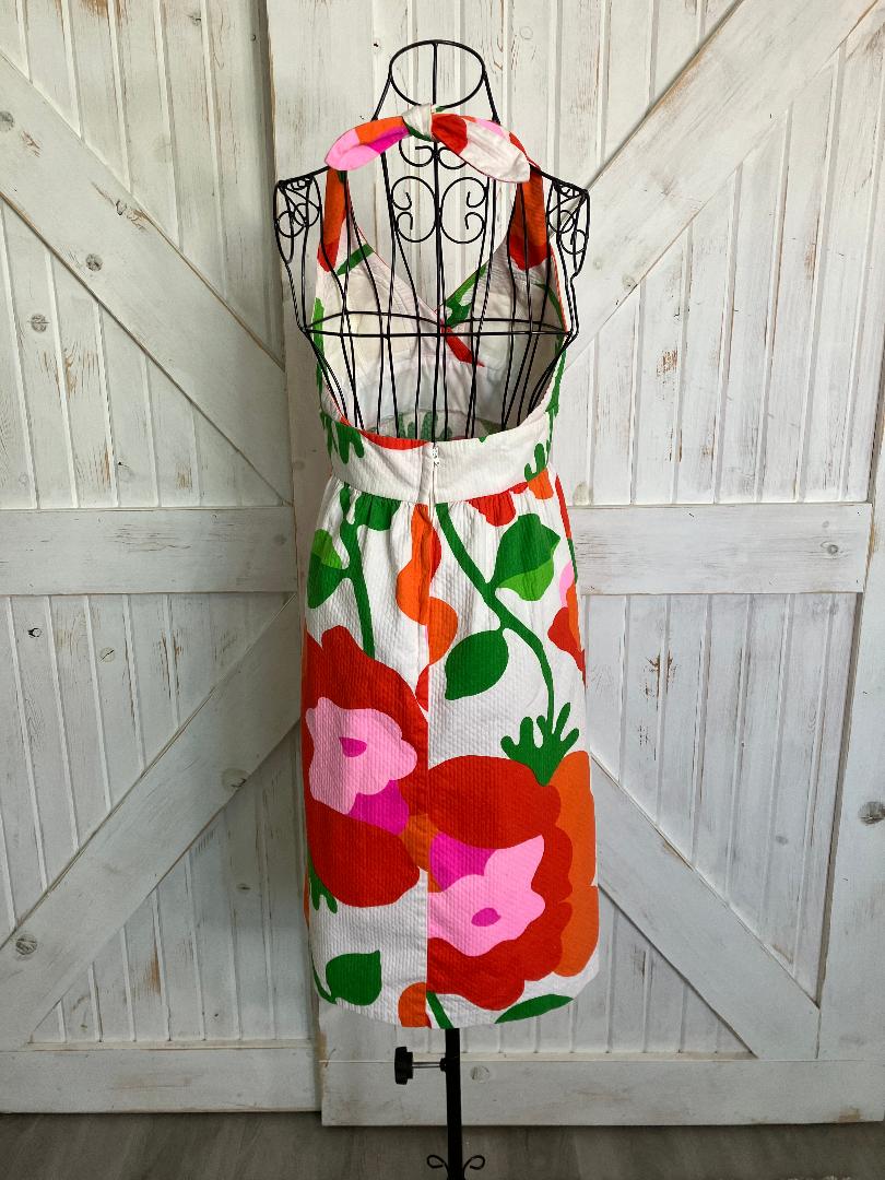 70's Vintage Malia Honolulu Red Pink Green Hawaiian Halter Mini Sundress Dress