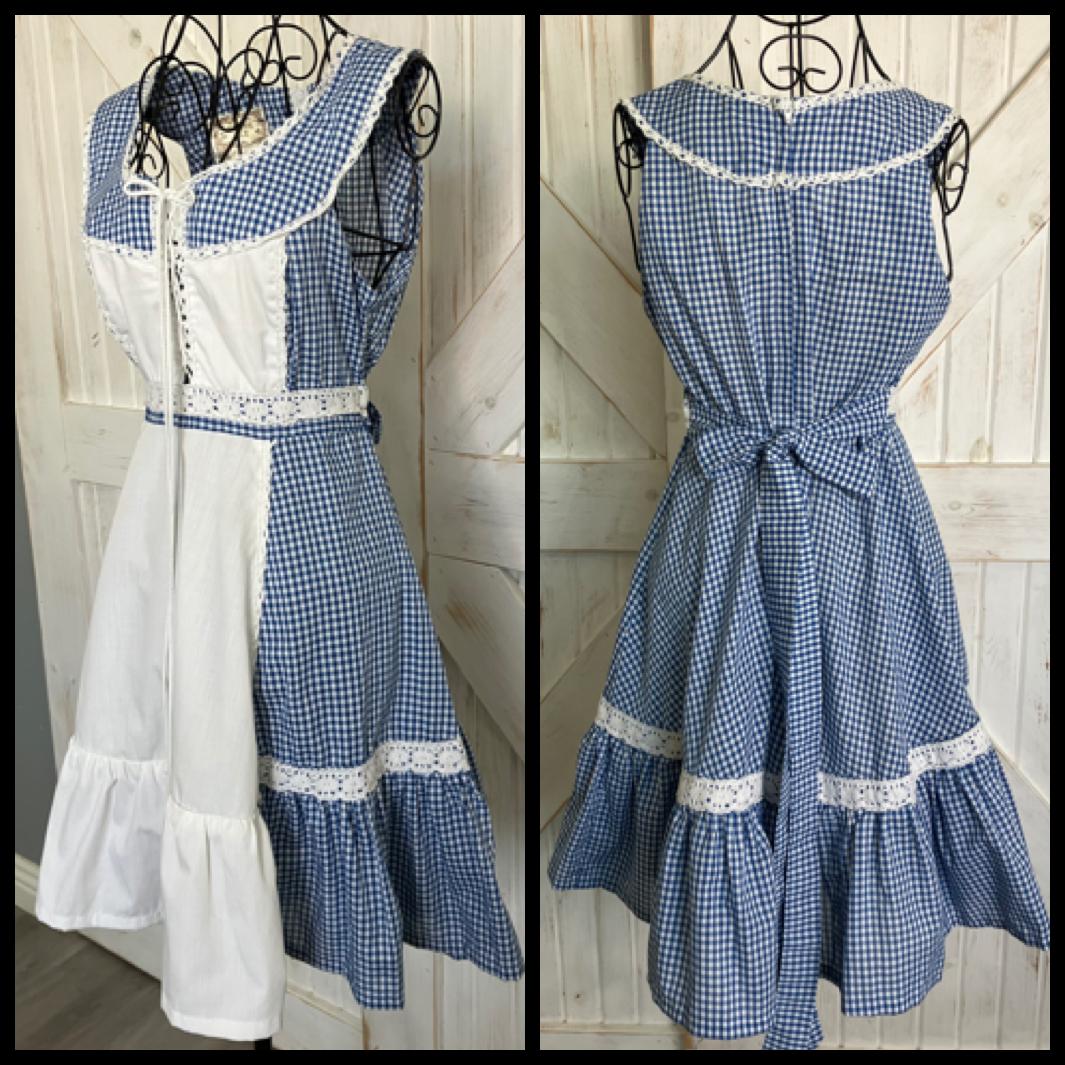 70's Vintage Gunne Sax Blue White Gingham Plaid Prairie Corset Cowgirl Mini Dress *ALTERED