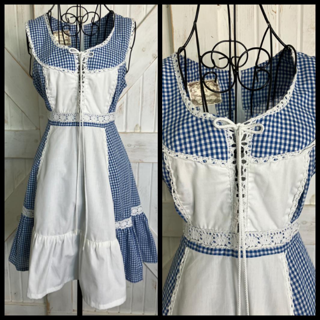 70's Vintage Gunne Sax Blue White Gingham Plaid Prairie Corset Cowgirl Mini Dress *ALTERED