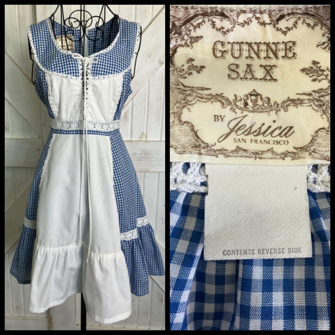 70's Vintage Gunne Sax Blue White Gingham Plaid Prairie Corset Cowgirl Mini Dress *ALTERED