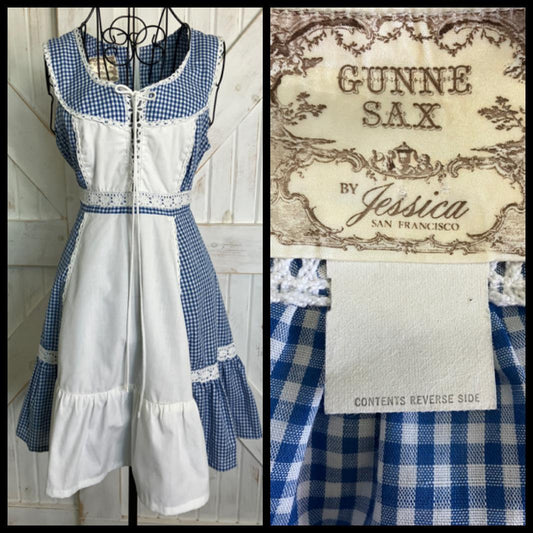 70's Vintage Gunne Sax Blue White Gingham Plaid Prairie Corset Cowgirl Mini Dress *ALTERED