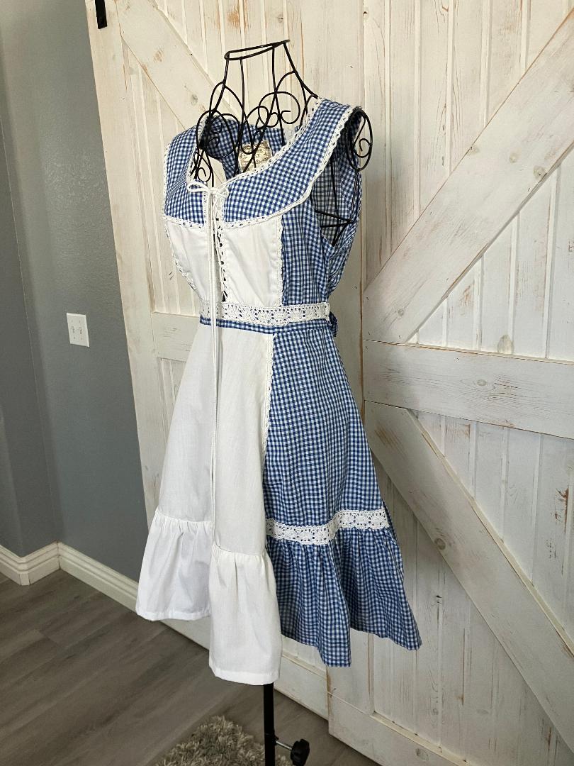 70's Vintage Gunne Sax Blue White Gingham Plaid Prairie Corset Cowgirl Mini Dress *ALTERED