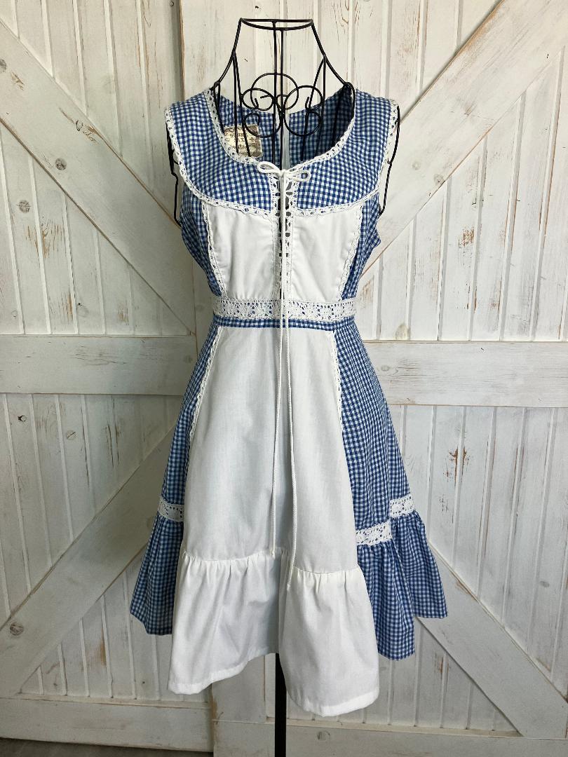 70's Vintage Gunne Sax Blue White Gingham Plaid Prairie Corset Cowgirl Mini Dress *ALTERED
