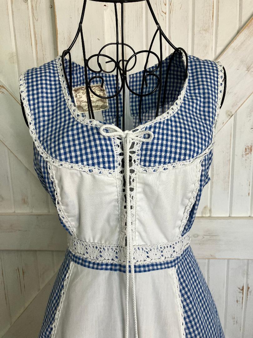 70's Vintage Gunne Sax Blue White Gingham Plaid Prairie Corset Cowgirl Mini Dress *ALTERED