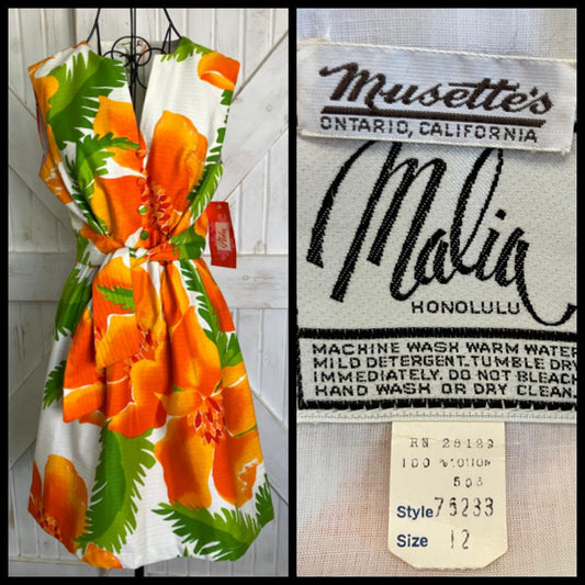 70's Vintage Malia Honolulu Deadstock w/ Tags Hawaiian Orange White Green Hibiscus Floral Mini Sundress Dress
