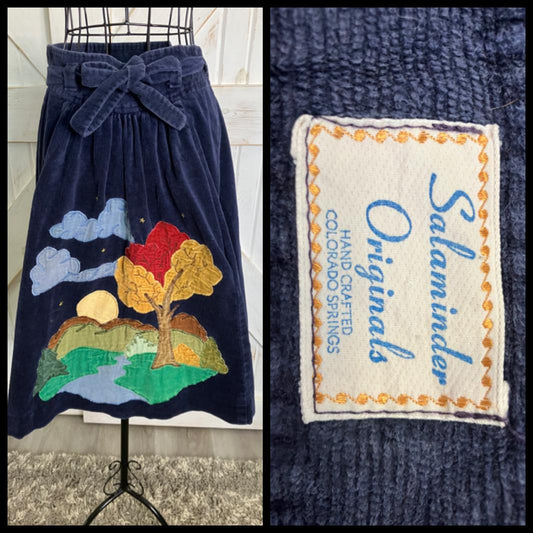 70's Vintage Salaminder KC Blue Corduroy Rainbow Patchwork Wrap Midi Skirt *FLAWS