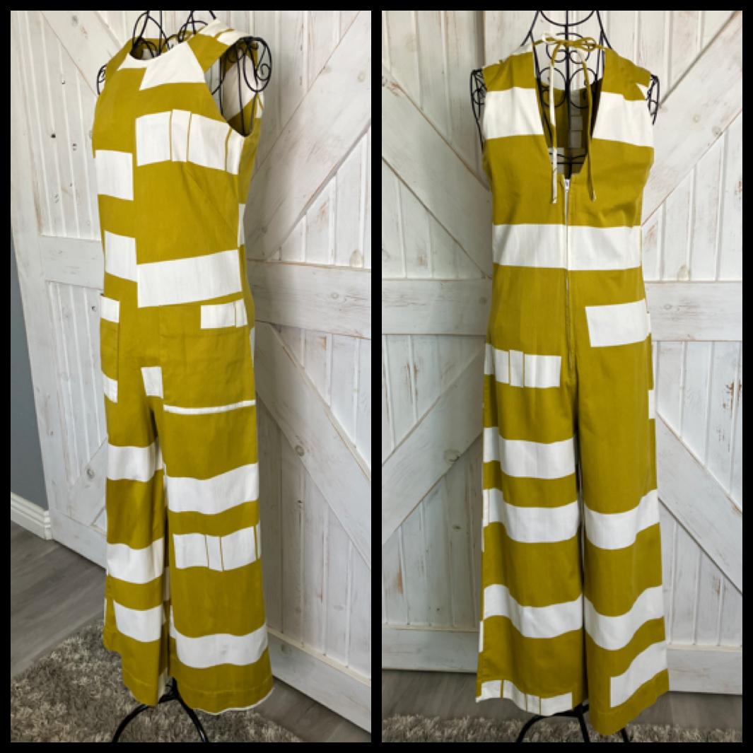 70's Vintage Malia Honolulu Hawaiian Green White Geometric Mod Go Go Jumpsuit