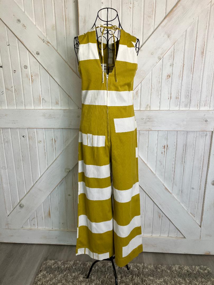 70's Vintage Malia Honolulu Hawaiian Green White Geometric Mod Go Go Jumpsuit
