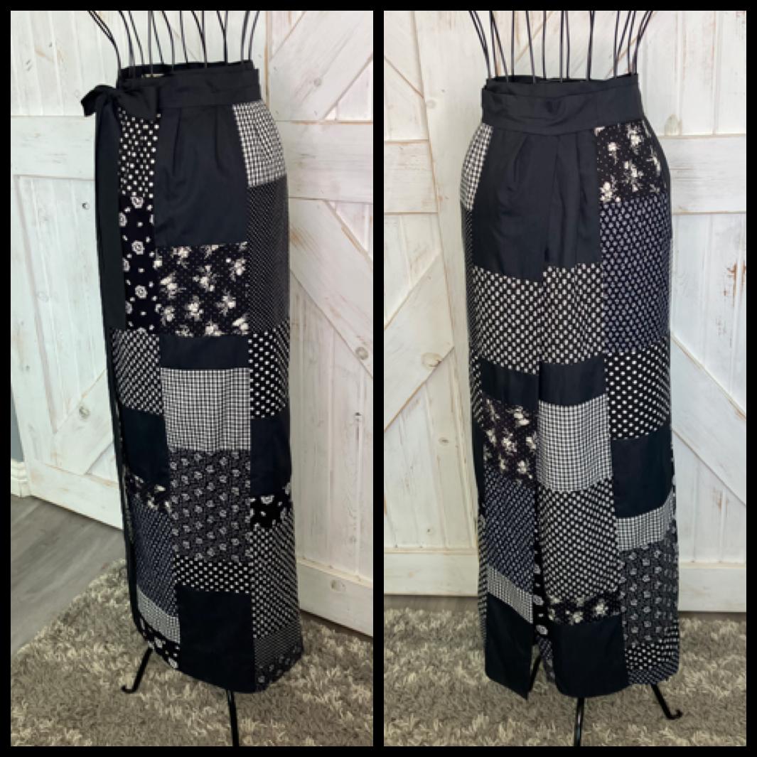 70's Vintage Handmade Black White Calico Polka Dot Gingham Plaid Patchwork Prairie Wrap Maxi Skirt