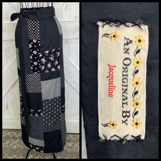 70's Vintage Handmade Black White Calico Polka Dot Gingham Plaid Patchwork Prairie Wrap Maxi Skirt