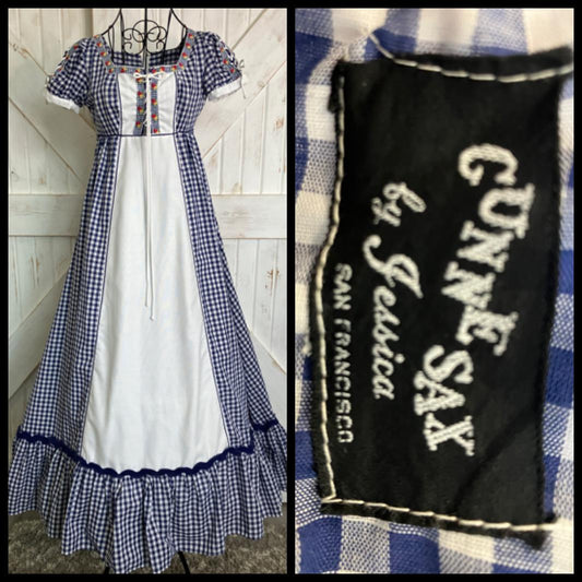70's Vintage Gunne Sax Black Label Blue White Gingham Prairie Cap Sleeve Corset Maxi Dress