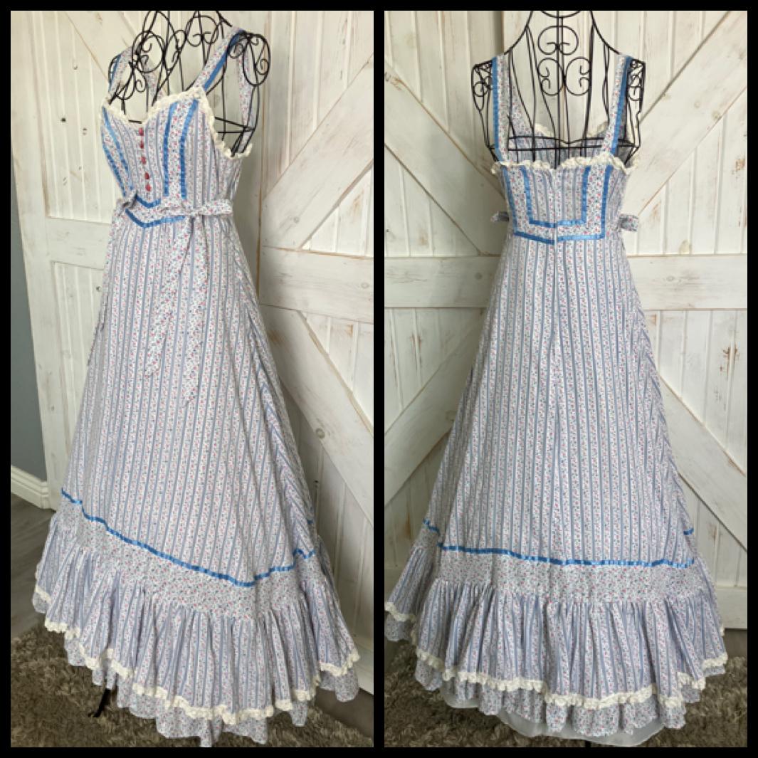 70's Vintage Handmade Gunne Sax STYLE from Simplicity Pattern Blue White Pink Stripe Calico Sweetheart Prairie Maxi Sundress Dress