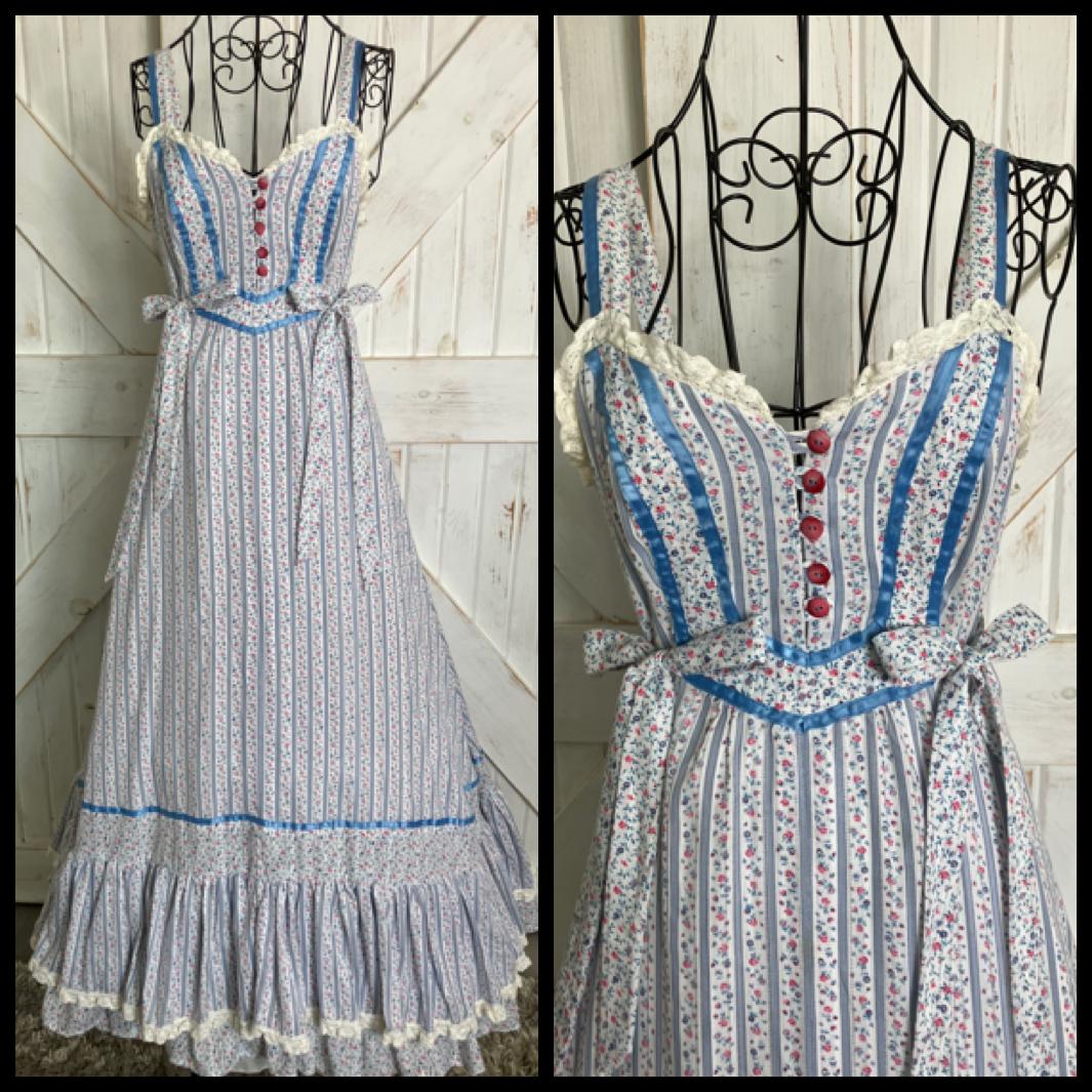70's Vintage Handmade Gunne Sax STYLE from Simplicity Pattern Blue White Pink Stripe Calico Sweetheart Prairie Maxi Sundress Dress