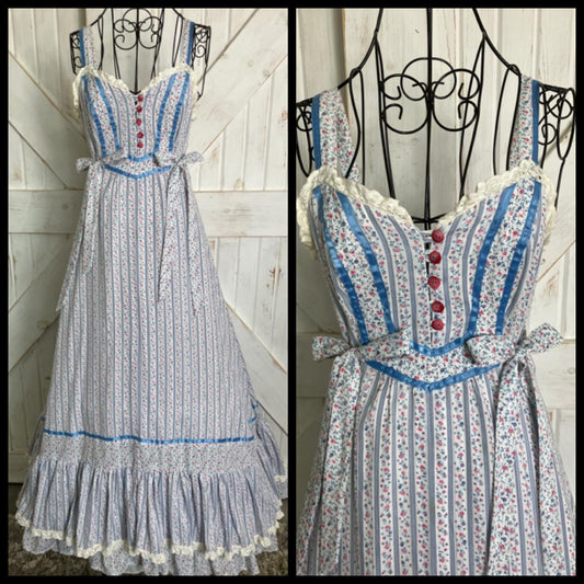 70's Vintage Handmade Gunne Sax STYLE from Simplicity Pattern Blue White Pink Stripe Calico Sweetheart Prairie Maxi Sundress Dress