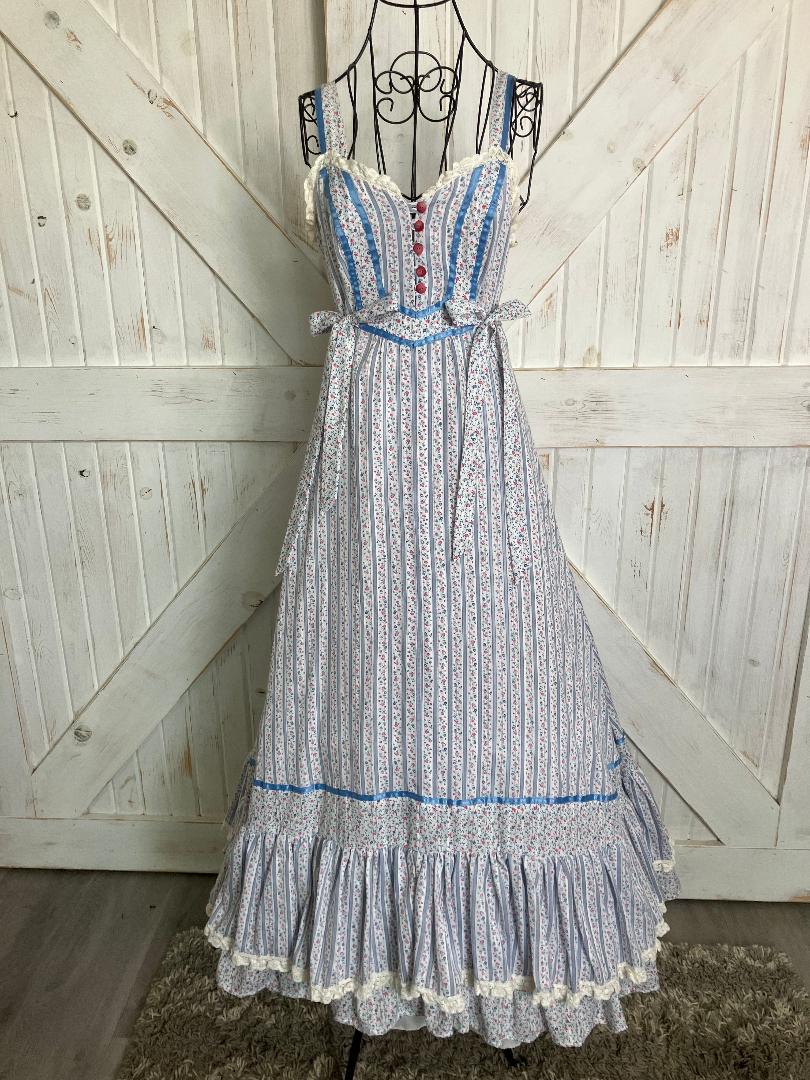 70's Vintage Handmade Gunne Sax STYLE from Simplicity Pattern Blue White Pink Stripe Calico Sweetheart Prairie Maxi Sundress Dress