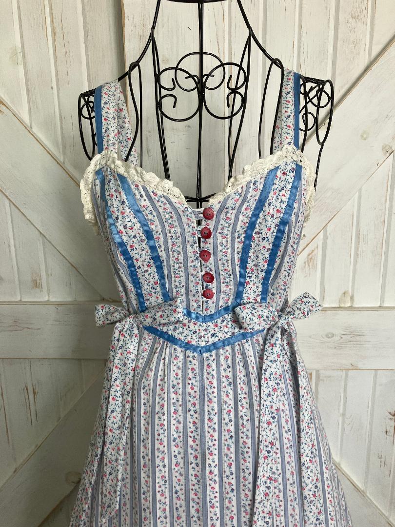 70's Vintage Handmade Gunne Sax STYLE from Simplicity Pattern Blue White Pink Stripe Calico Sweetheart Prairie Maxi Sundress Dress